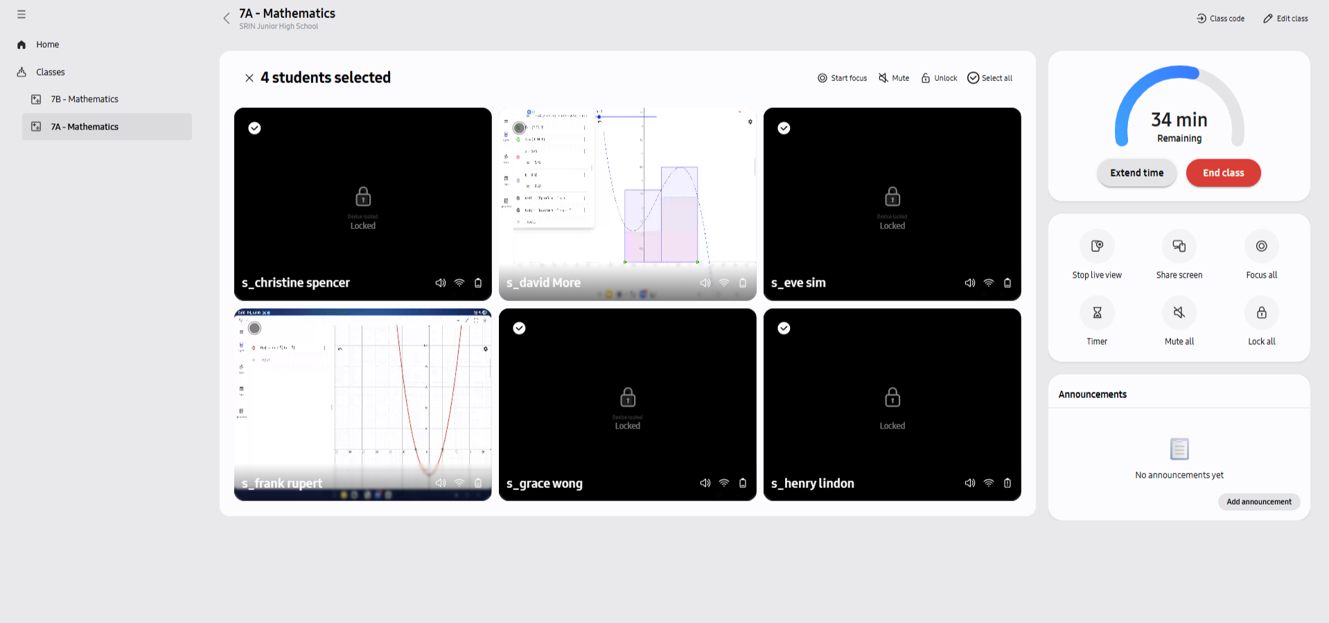 Selected student devices with the class action controls for focus, mute, and lock actions