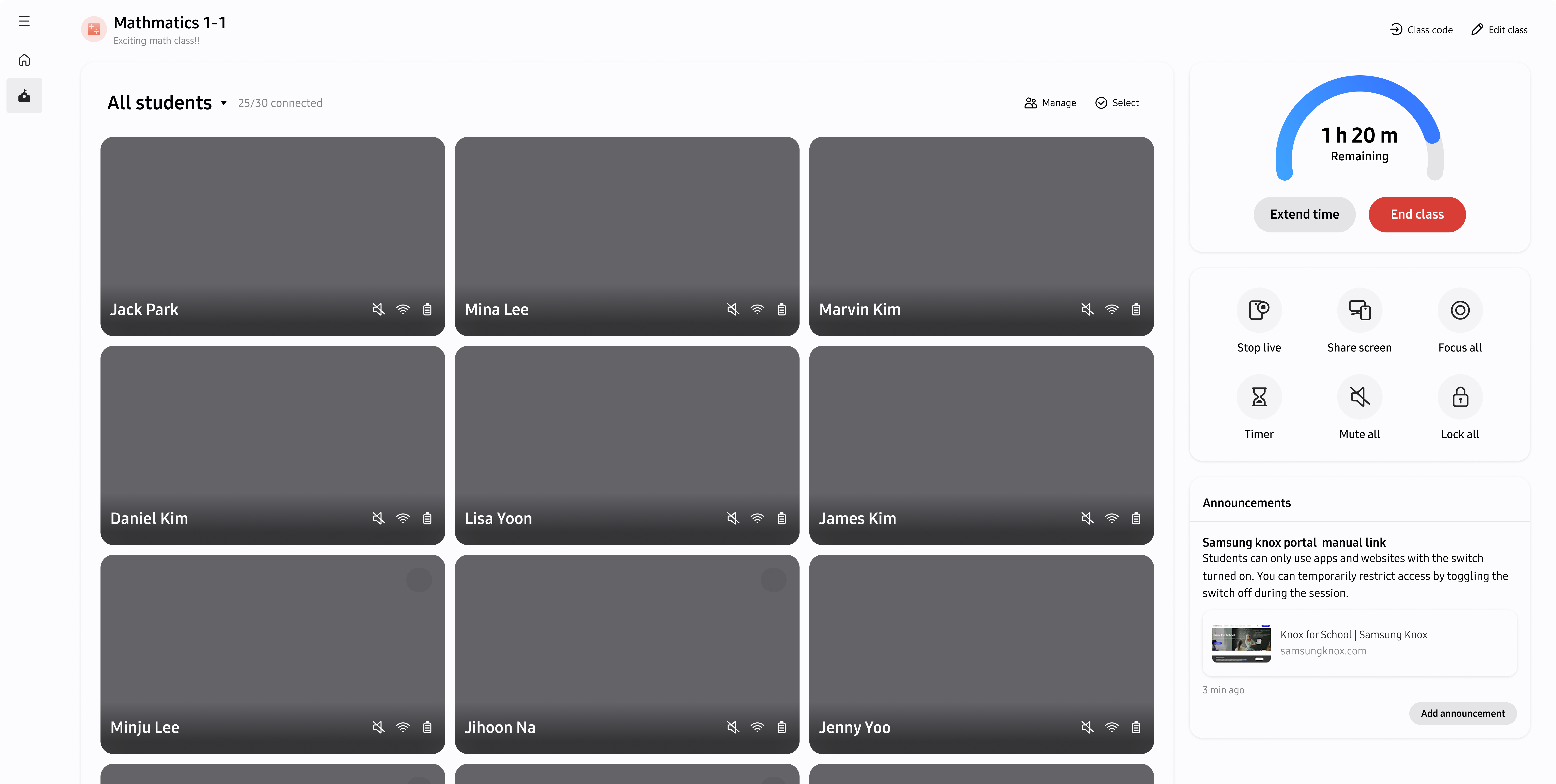 Active class session showing the student grid, class timer, and session controls