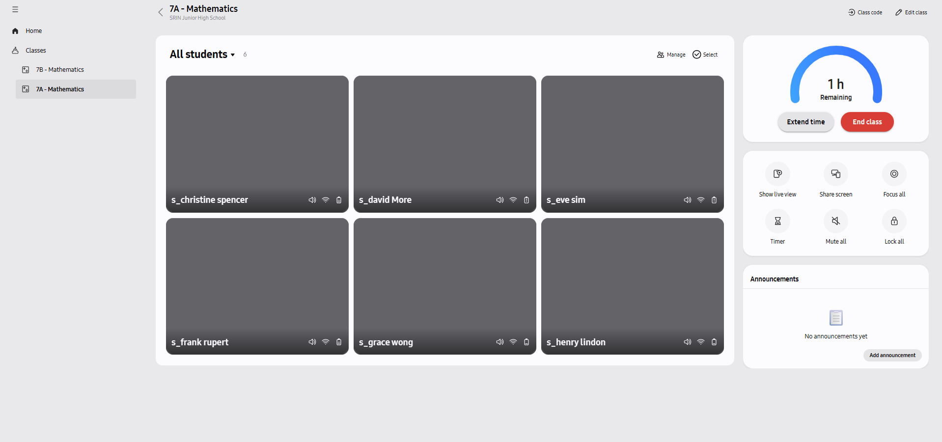 Active class session showing the student grid, class timer, and session controls