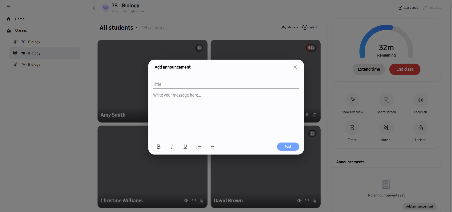 Add announcement composer with title, message, and formatting controls