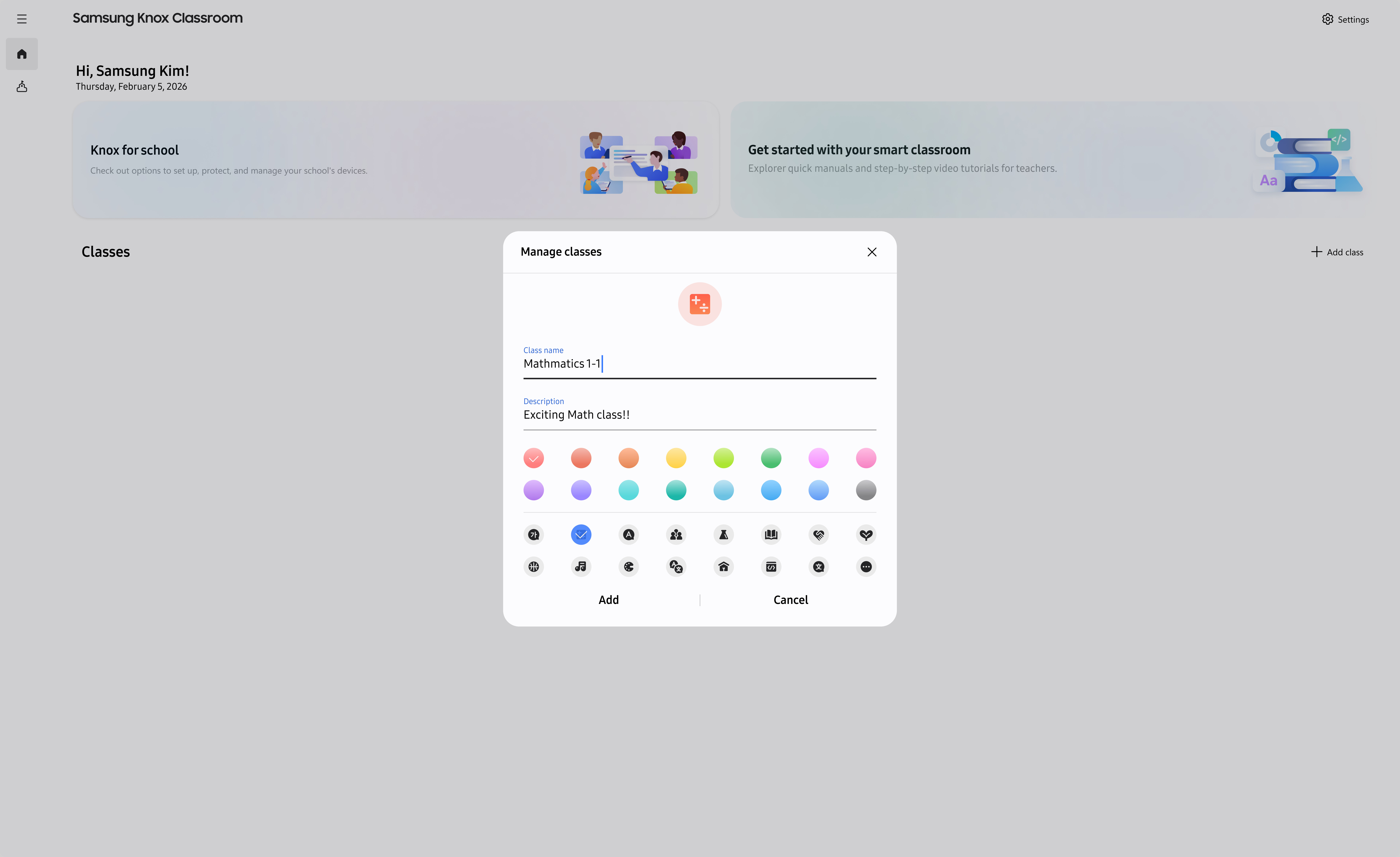 Add class dialog showing the class name, description, icon, and color fields