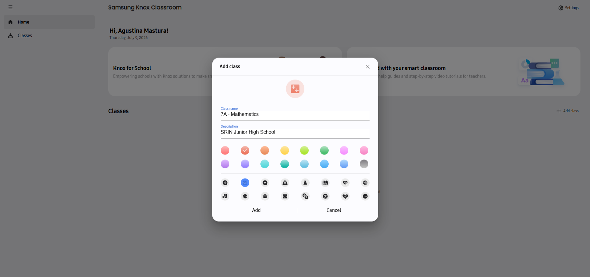Add class dialog showing the class name, description, icon, and color fields