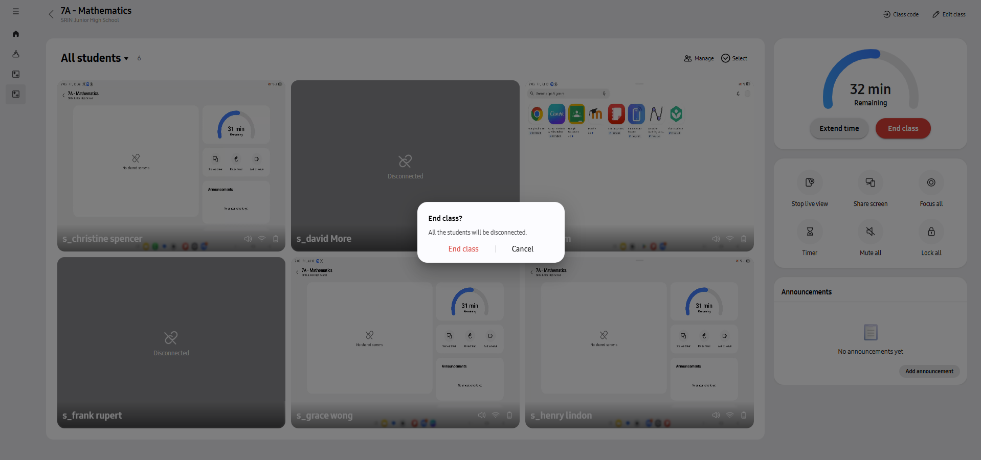 Confirmation dialog for ending a class session for all connected students
