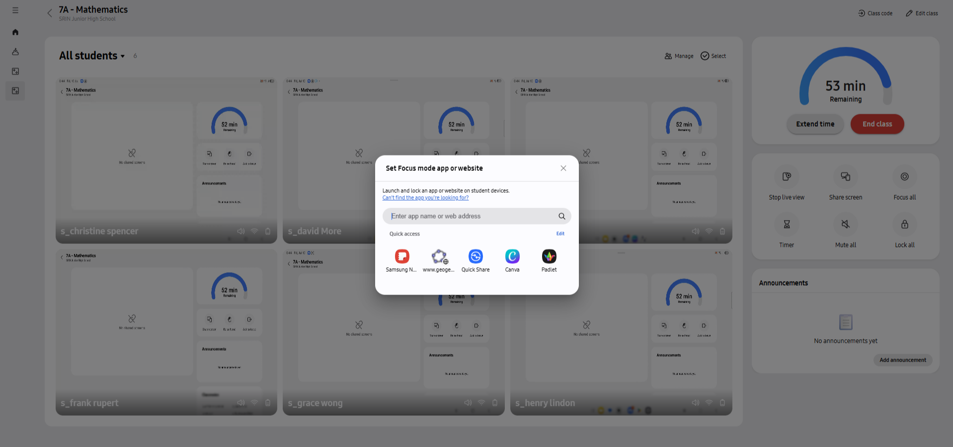 Focus mode dialog for selecting an app or website for student devices
