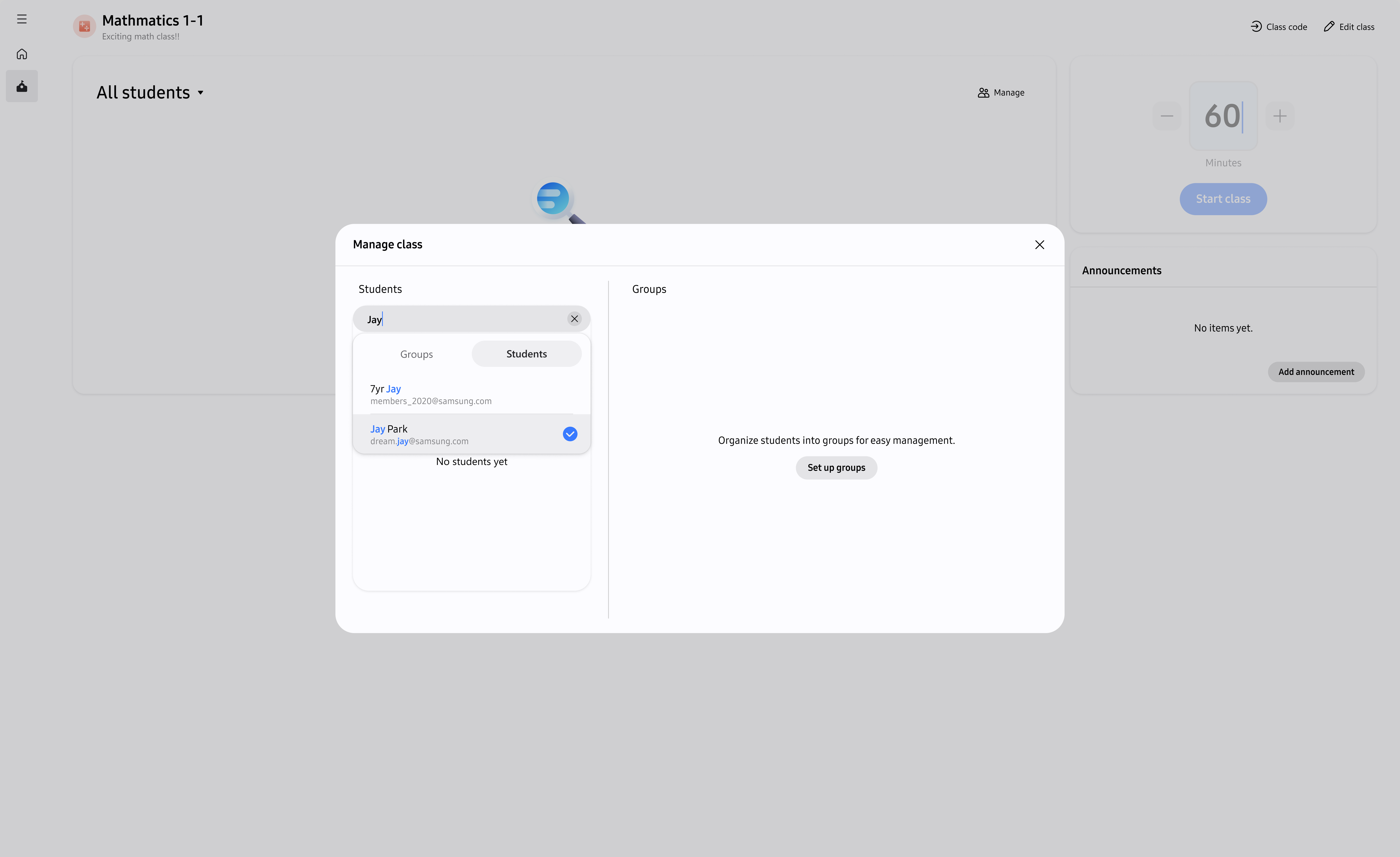 Manage class panel with the Students section used to find and add a student