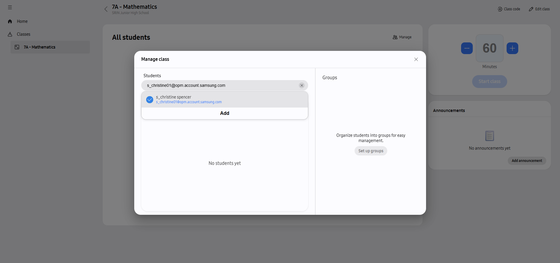 Manage class panel with the Students section used to find and add a student