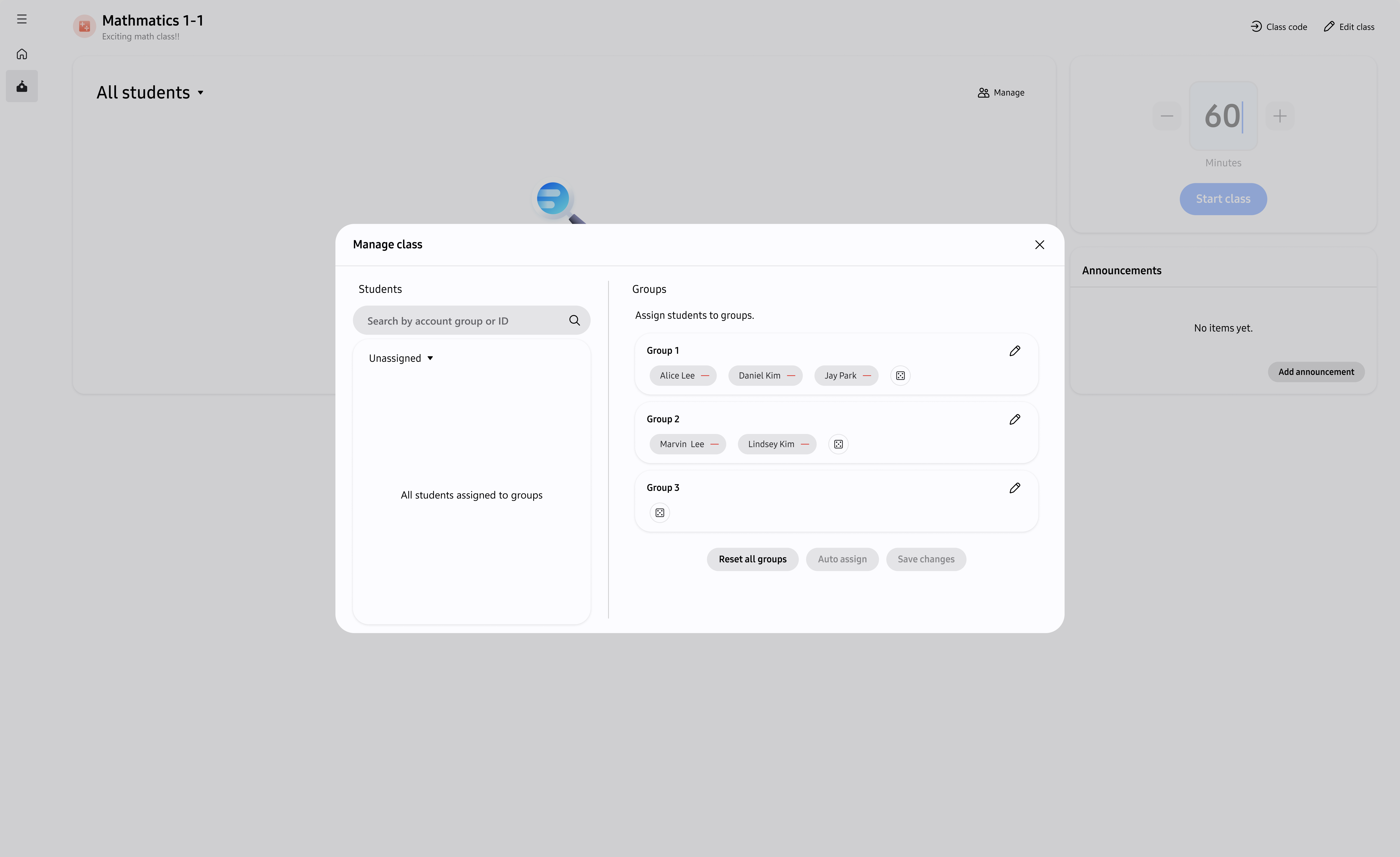 Manage class panel showing students assigned to class groups