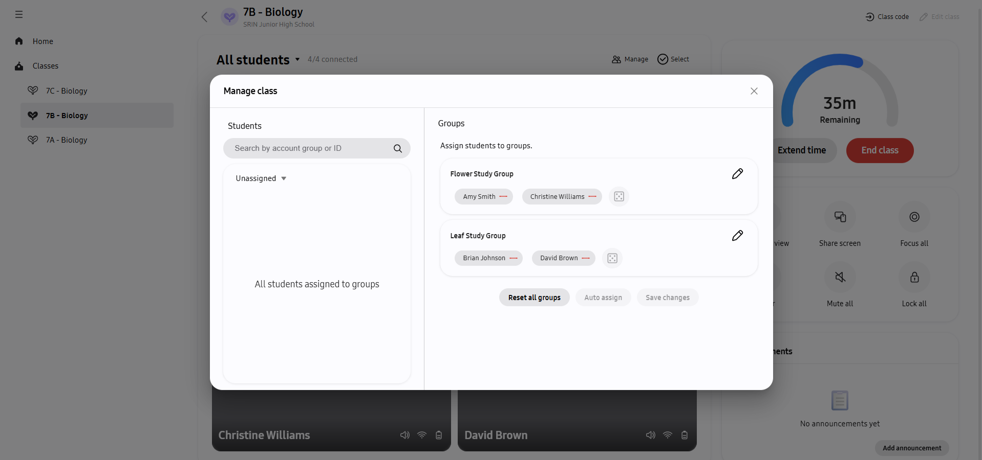 Manage class panel showing students assigned to class groups