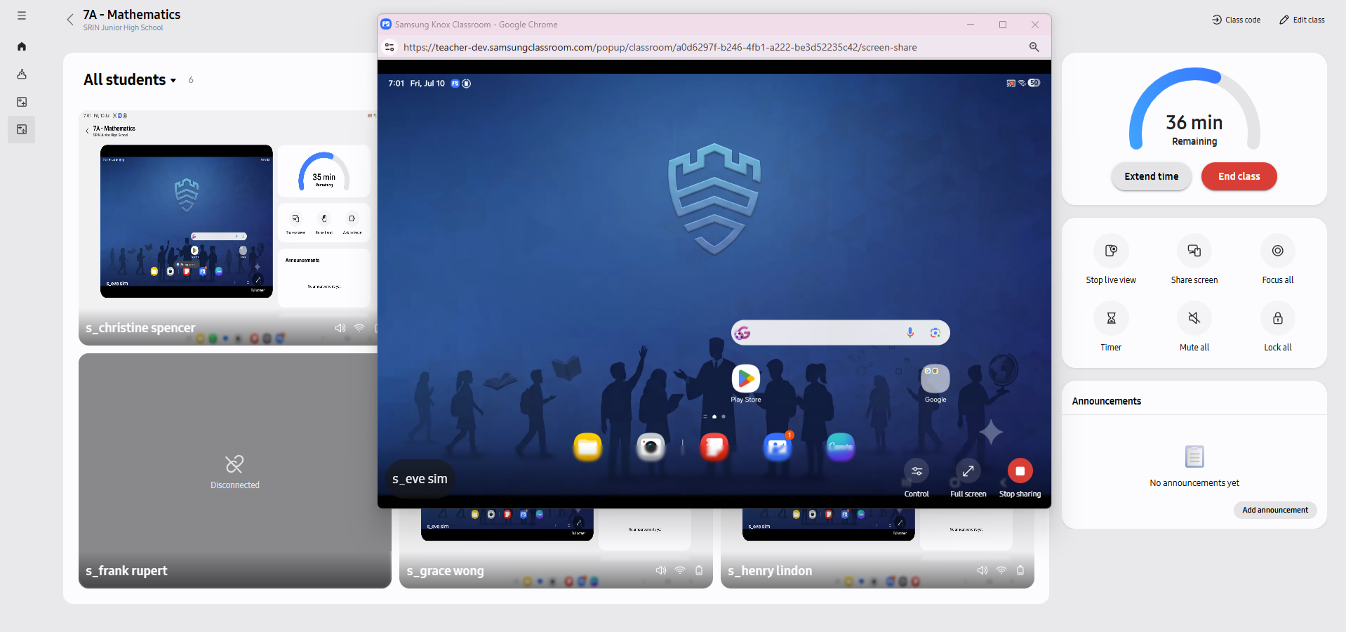 Teacher view of a student screen shared during a class session