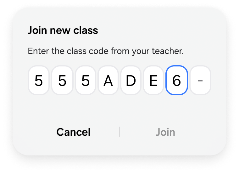 Student tablet dialog for entering a class code