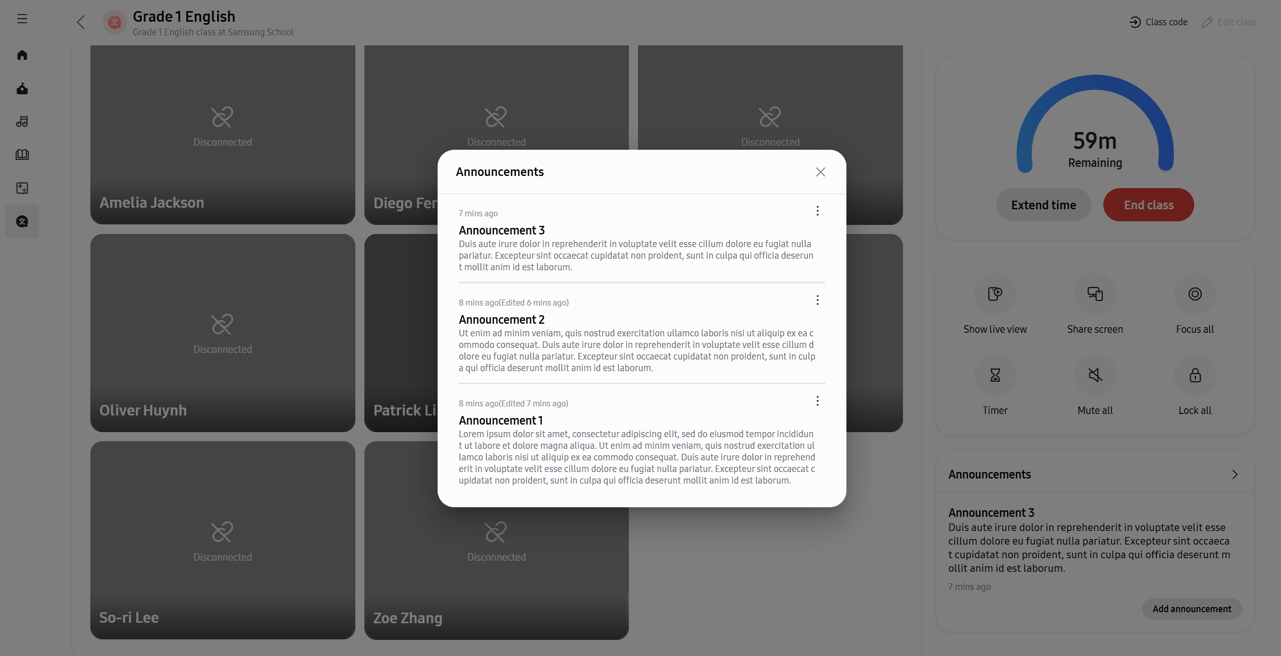 View past announcements with title, message, and time sent