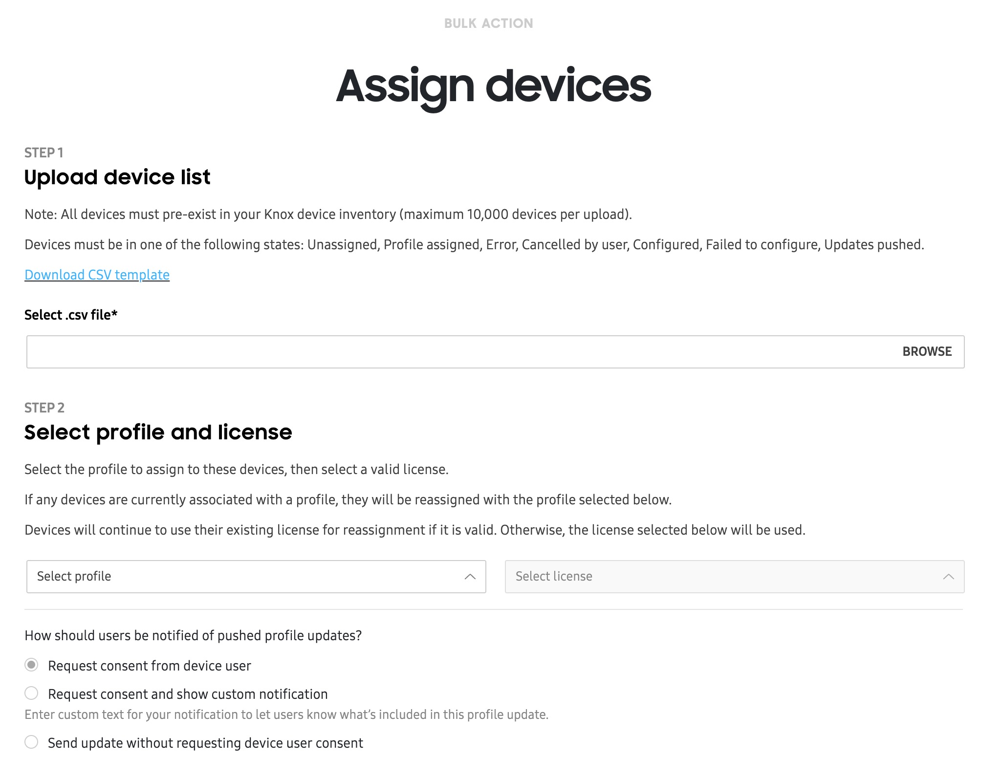 Bulk device actions assign devices to profile