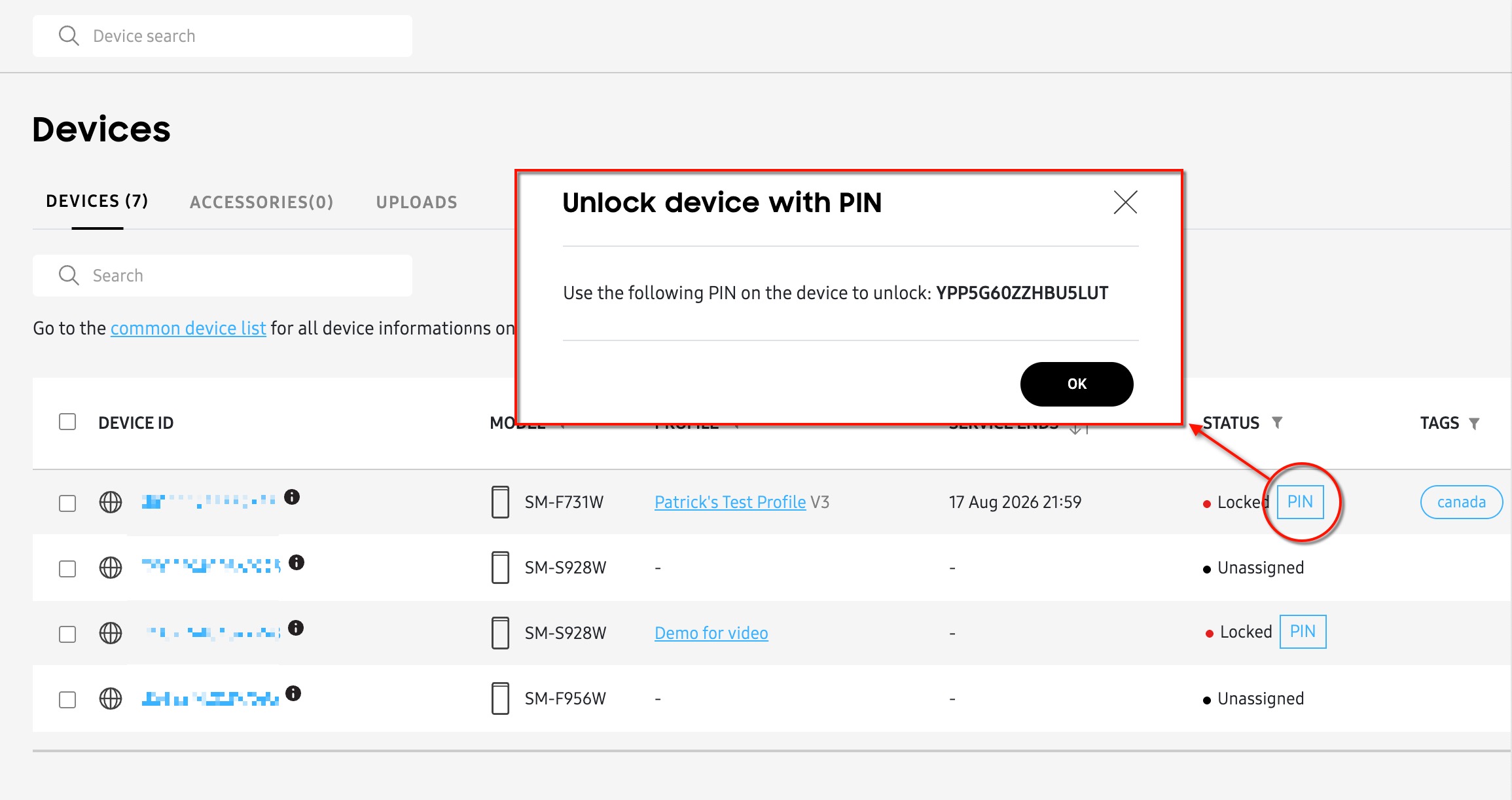 PIN button on locked device