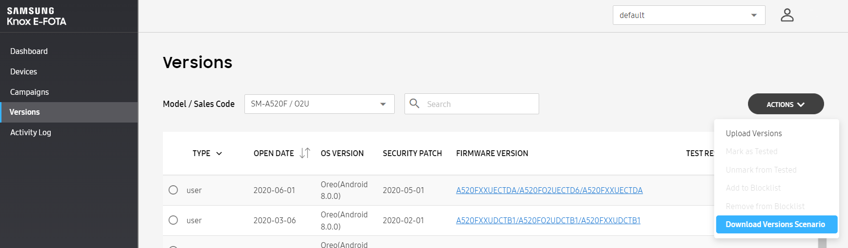 Download versions scenario button