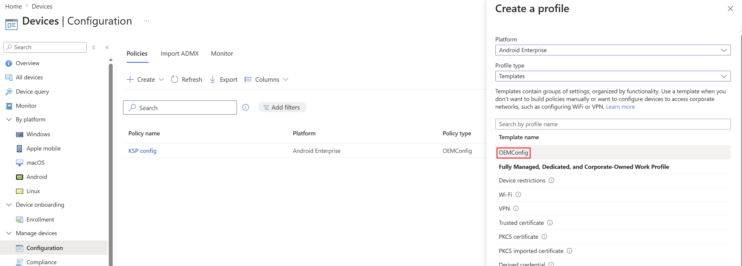 Create profile wizard showing Android Enterprise platform and OEMConfig profile type selection