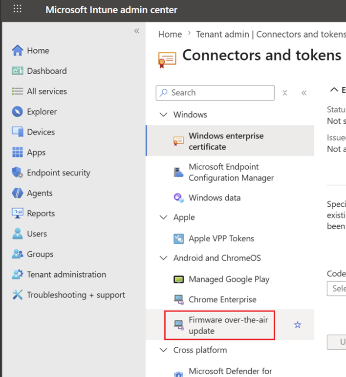 Connectors and tokens page showing Firmware over-the-air update option under Android and ChromeOS