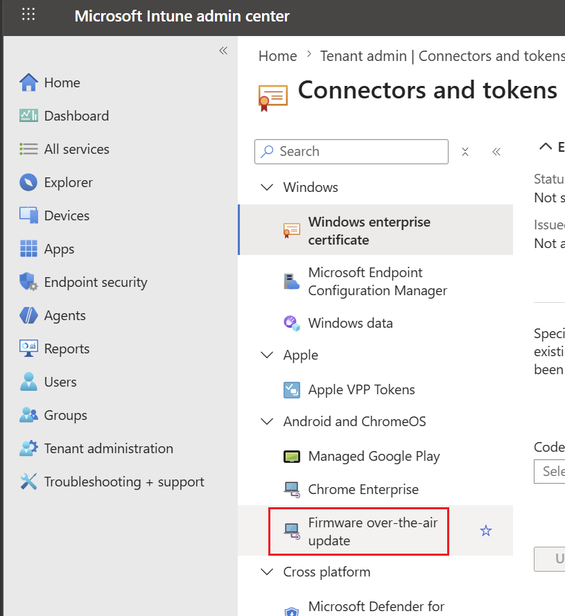 Connectors and tokens page showing Firmware over-the-air update section under Android and ChromeOS category