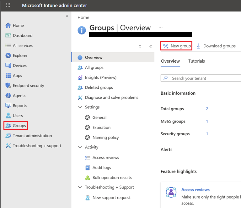 Microsoft Intune Groups overview page with New group button highlighted