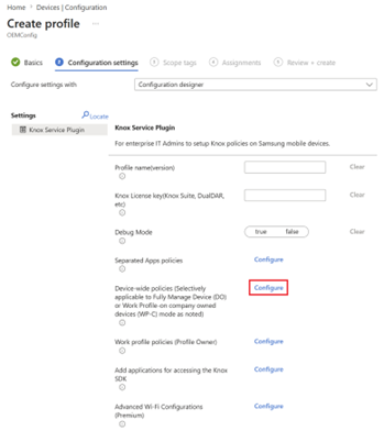 Knox Service Plugin configuration showing Device-wide policies with Configure button highlighted