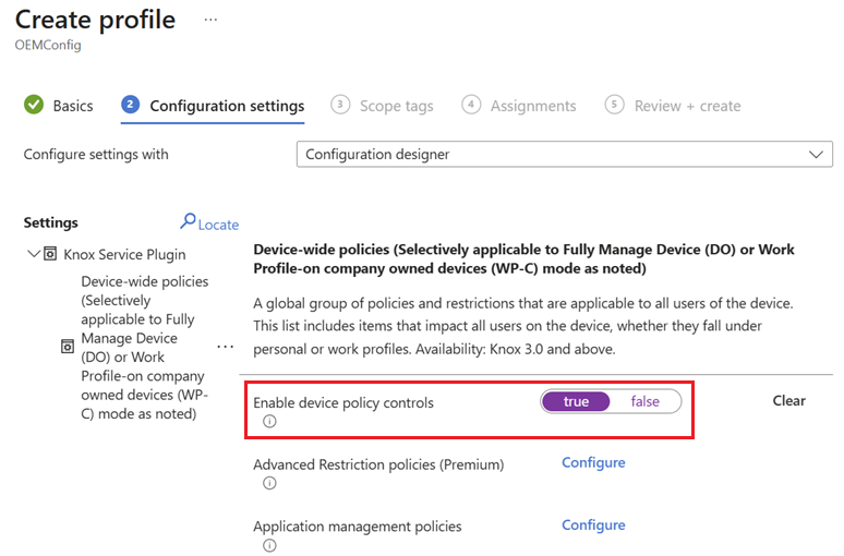 Enable device policy controls setting set to True