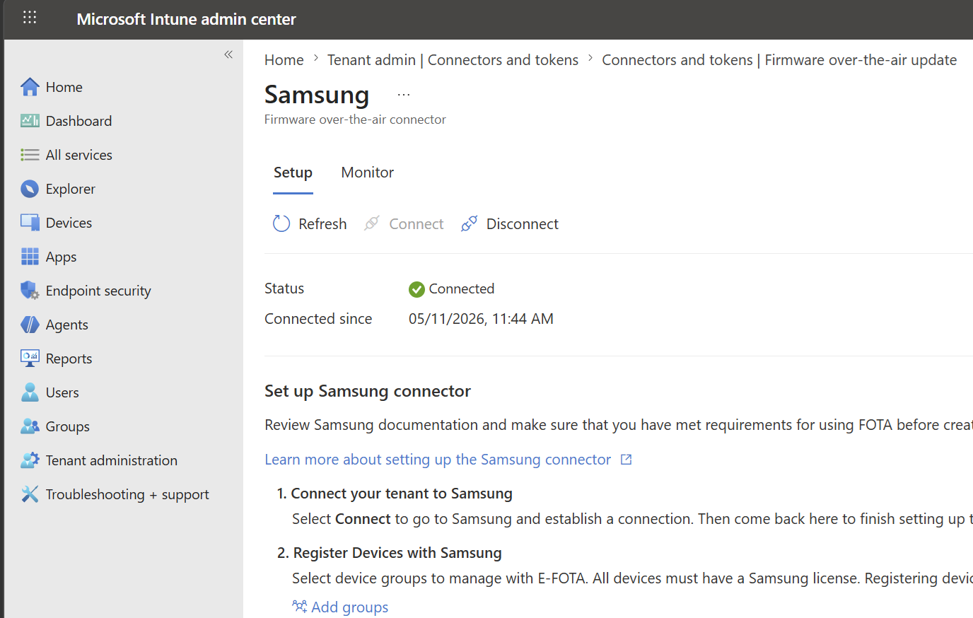 Samsung connector page showing Connected status with green checkmark