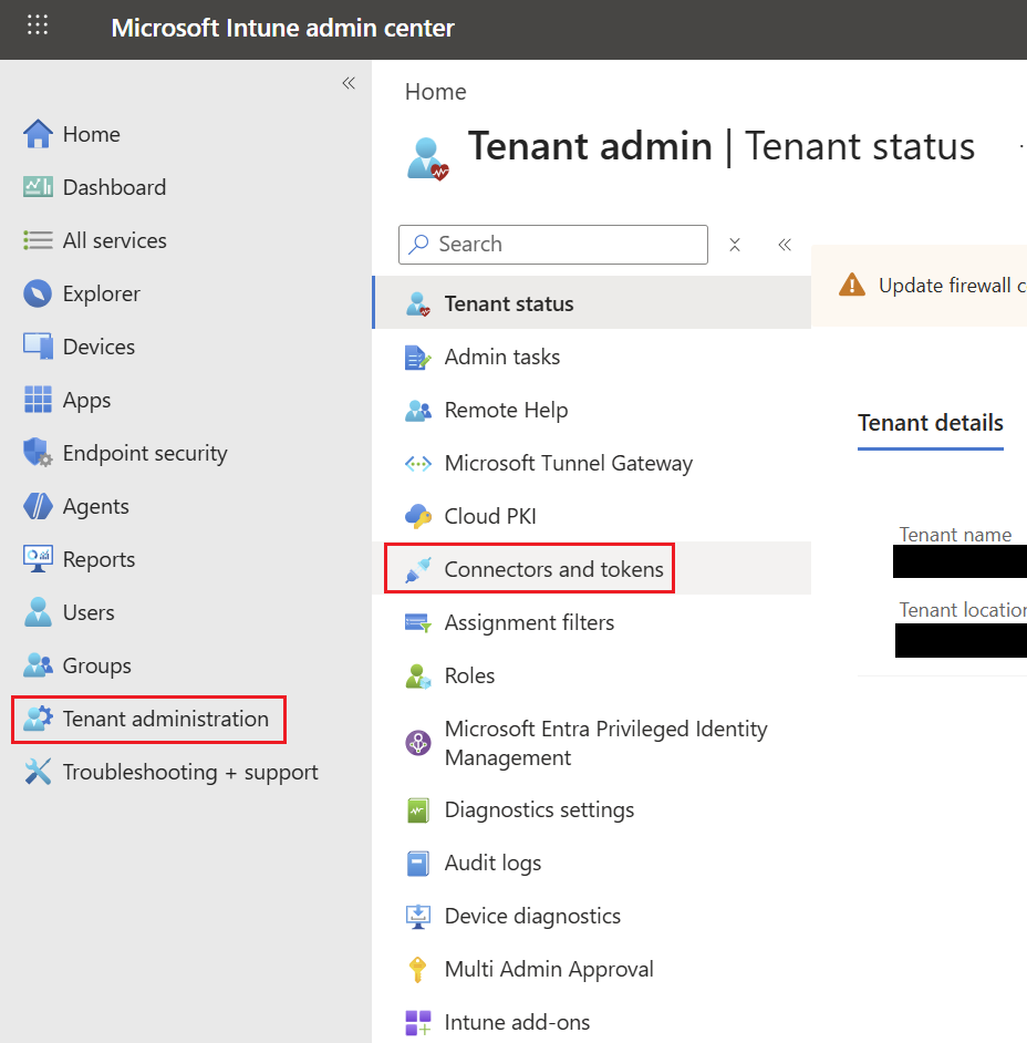 Microsoft Intune Tenant administration page showing Connectors and tokens menu highlighted