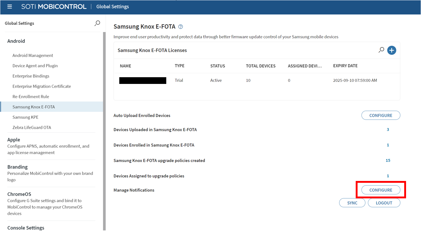 Knox E-FOTA console in SOTI Mobicontrol