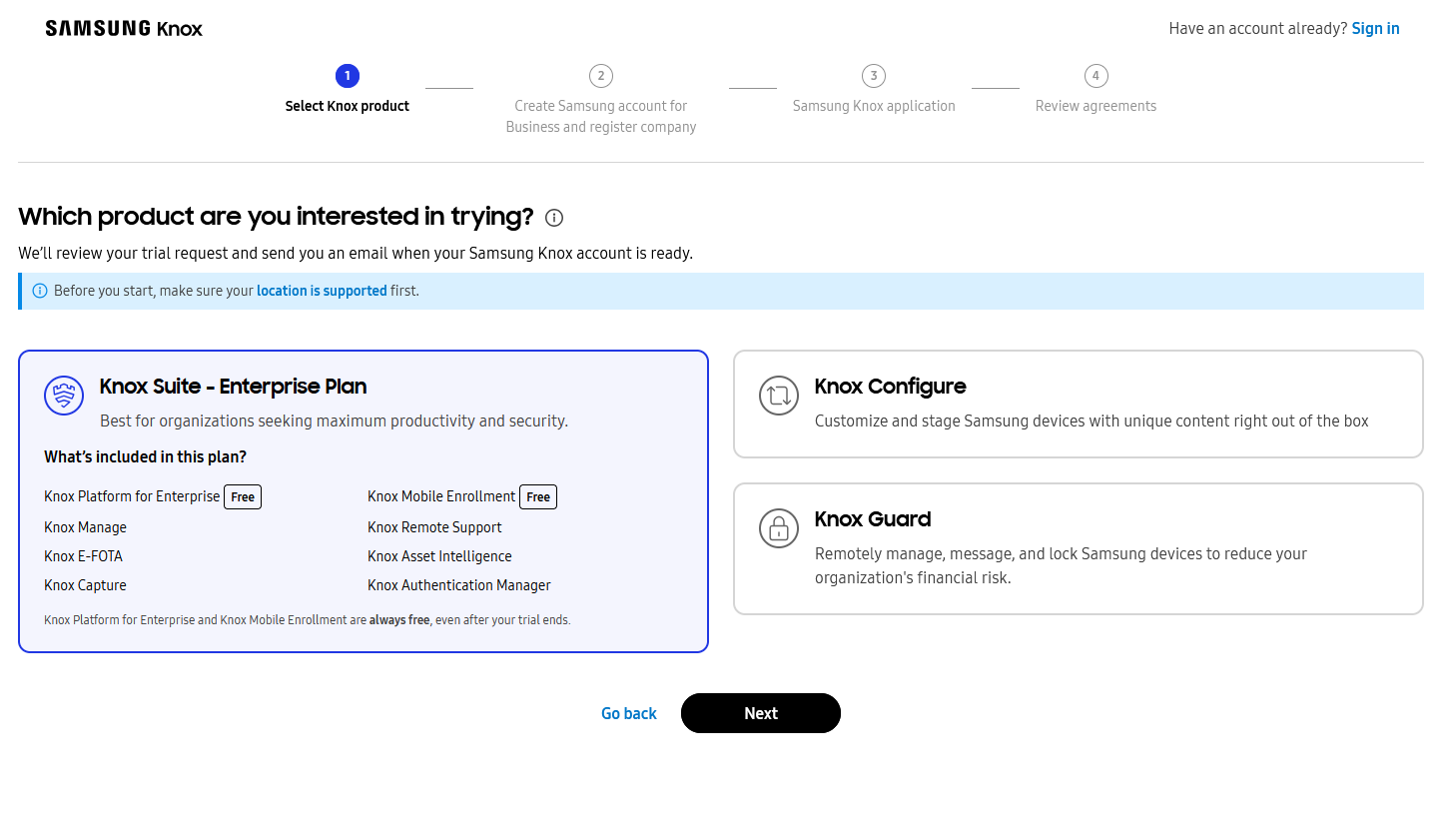 Knox Suite - Enterprise Plan selection page showing all included services
