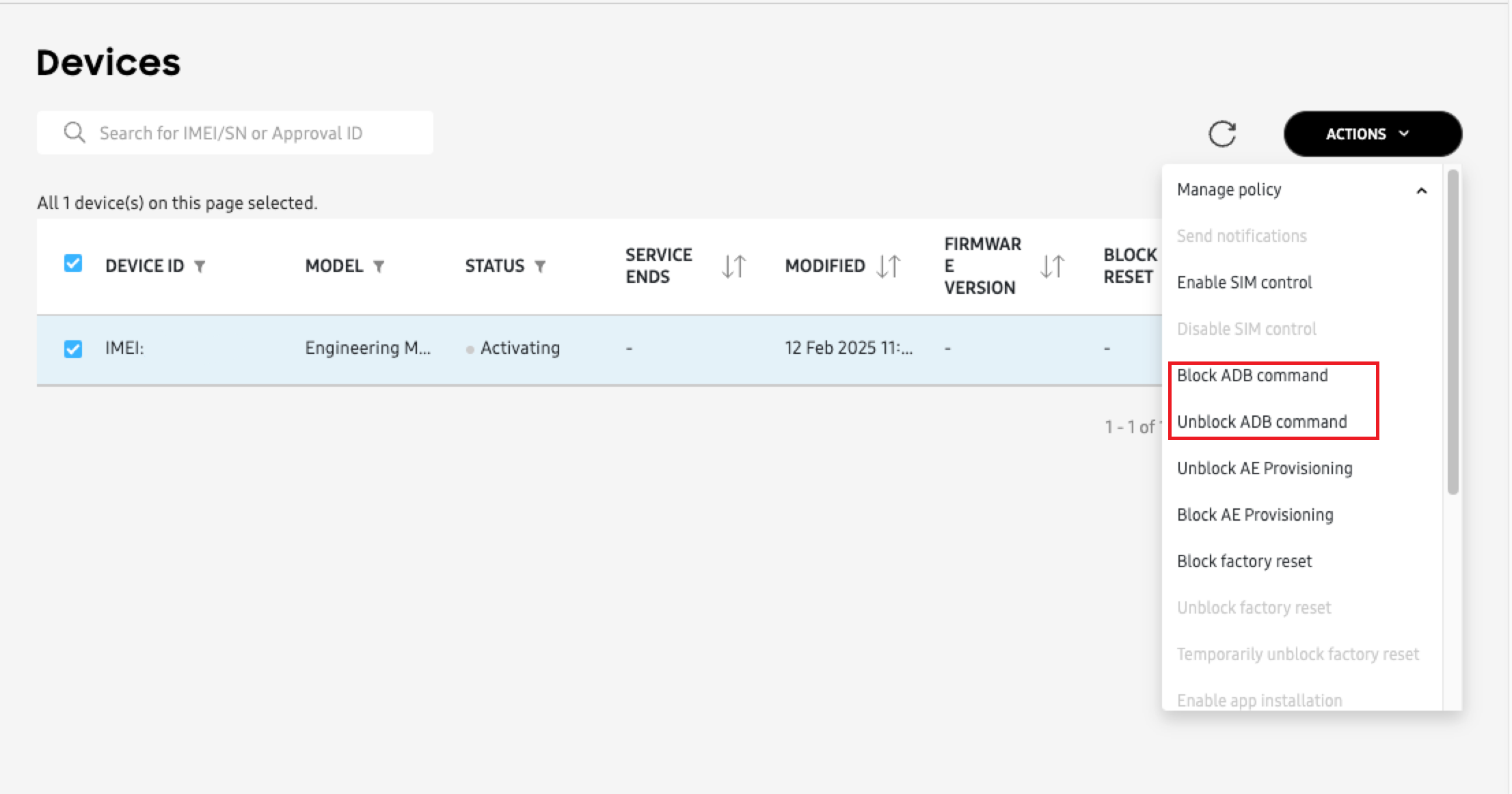 Action dropdown showing block/unblock adb command