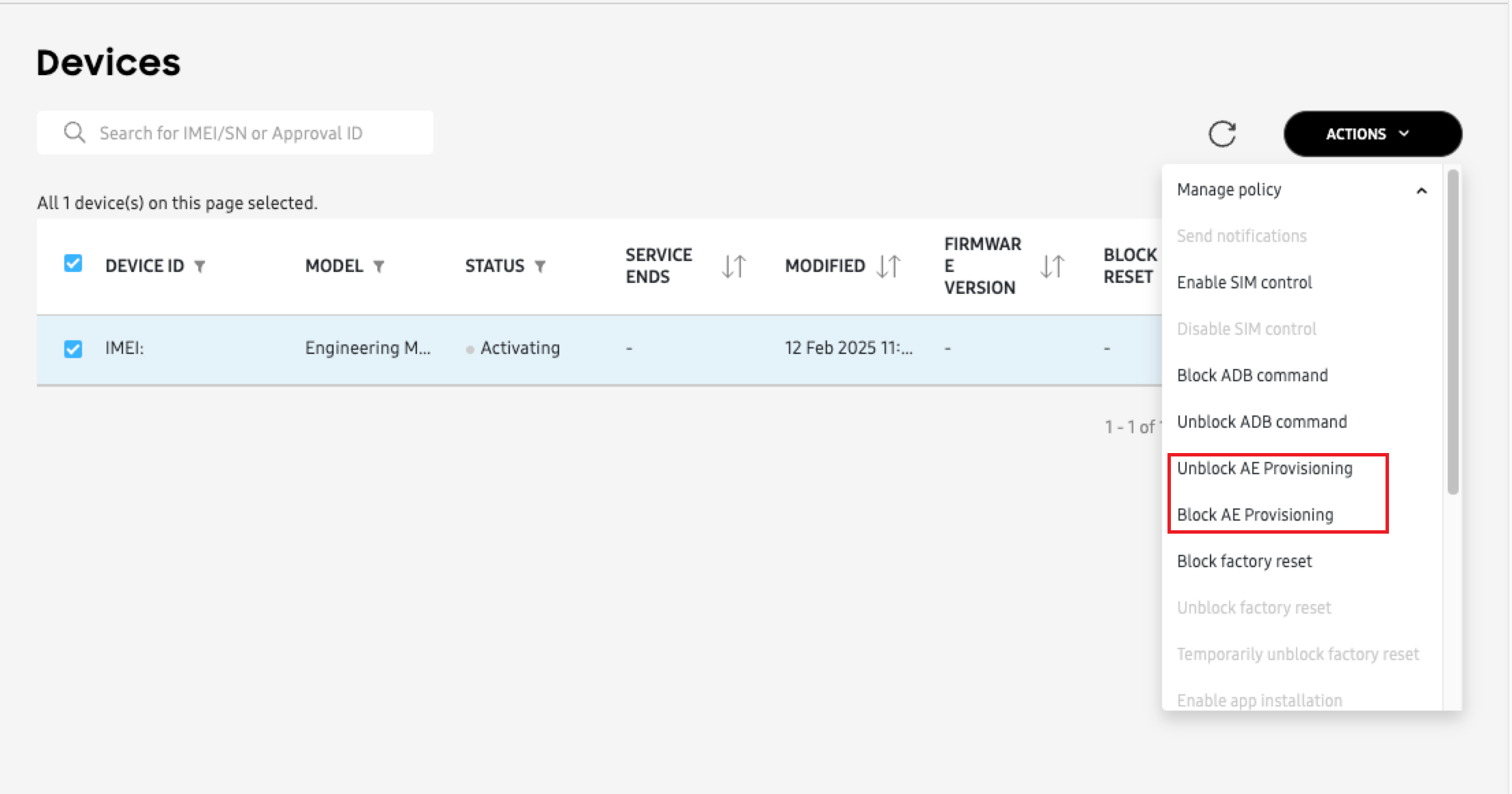 Action dropdown showing block/unblock AE provisioning