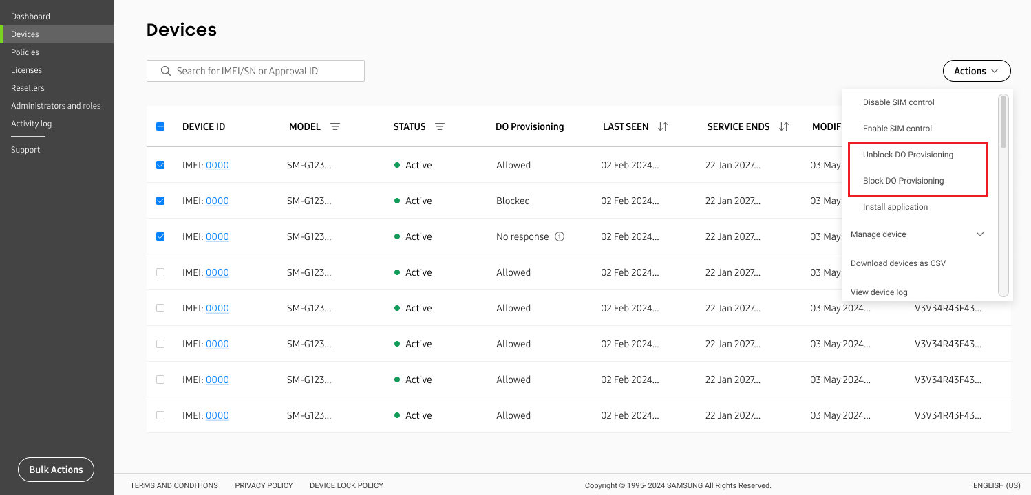 Action dropdown showing block/unblock DO provisioning