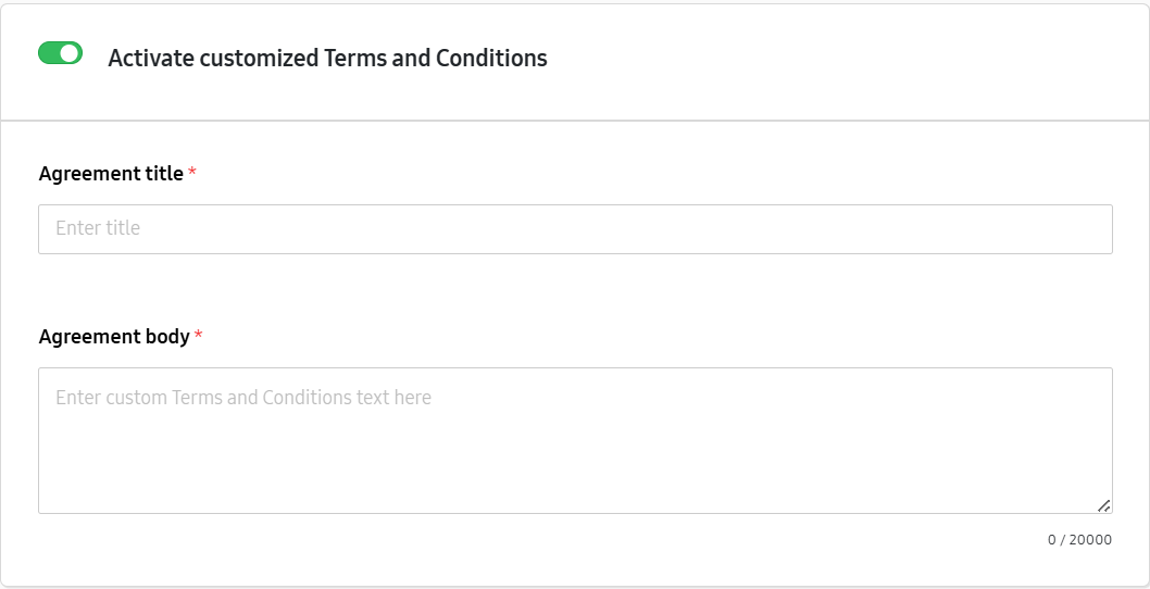 Create default custom Terms and Conditions screen.