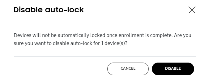 The confirmation dialog for diabling auto-lock for a selection of devices.