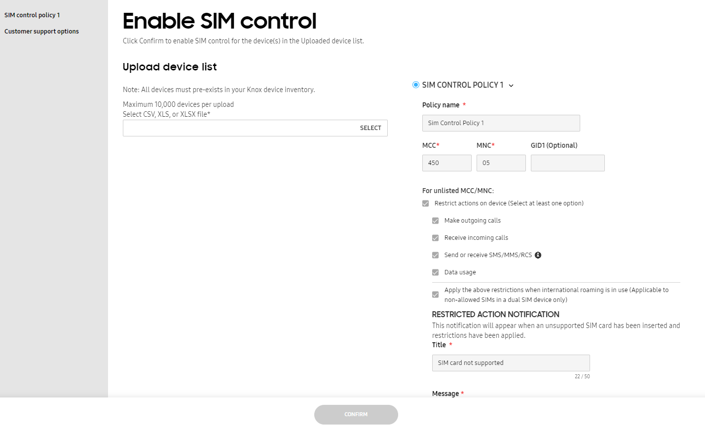 Enable SIM control screen showing option to upload a CSV, XLS or XLSX file