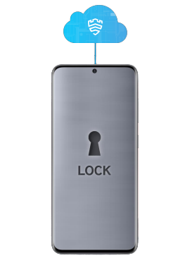 A Galaxy device with a stylized lock on the screen, emitting a blue cloud with the Knox logo.