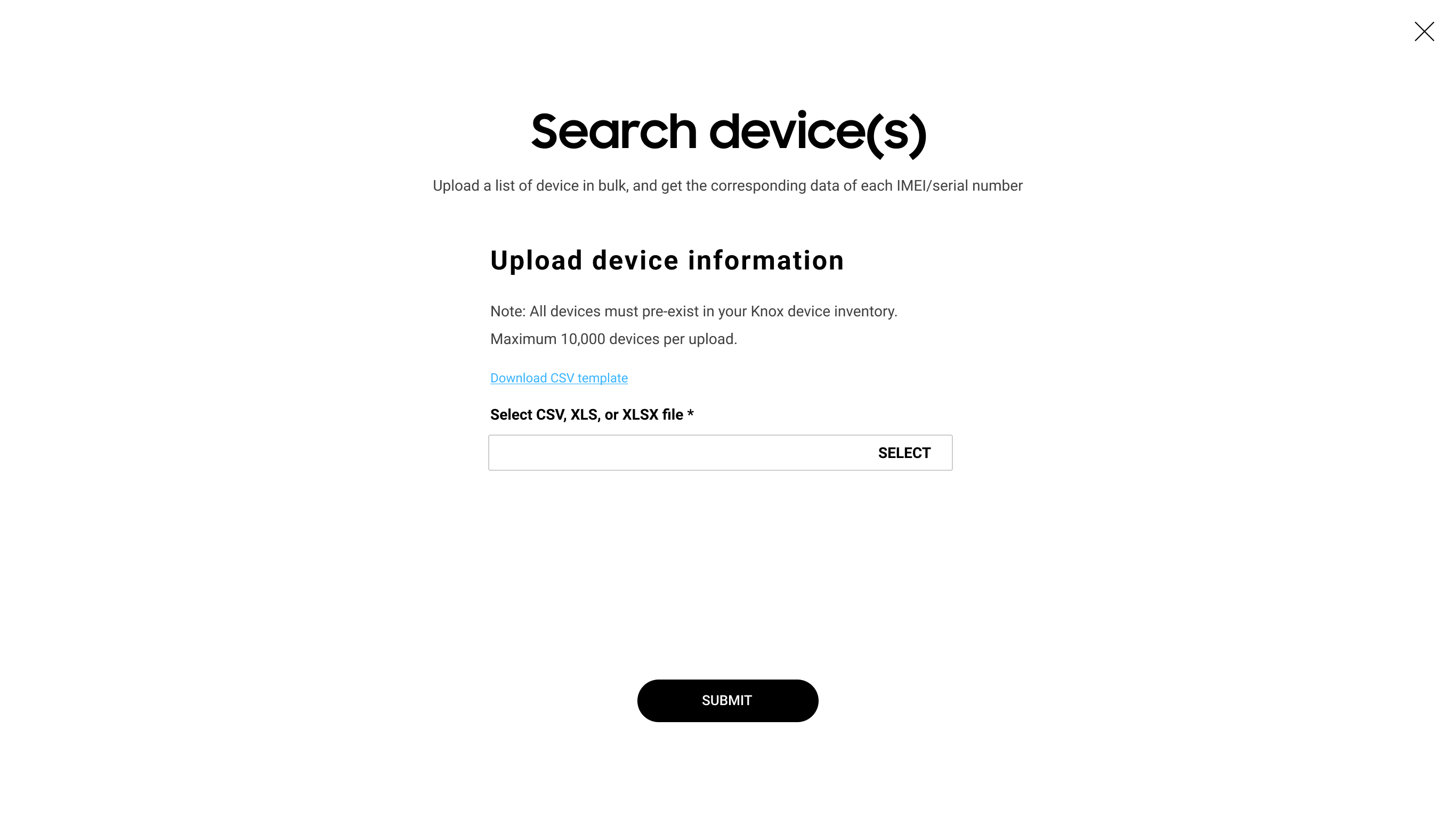 Search device(s) screen showing option to upload a CSV, XLS or XLSX file