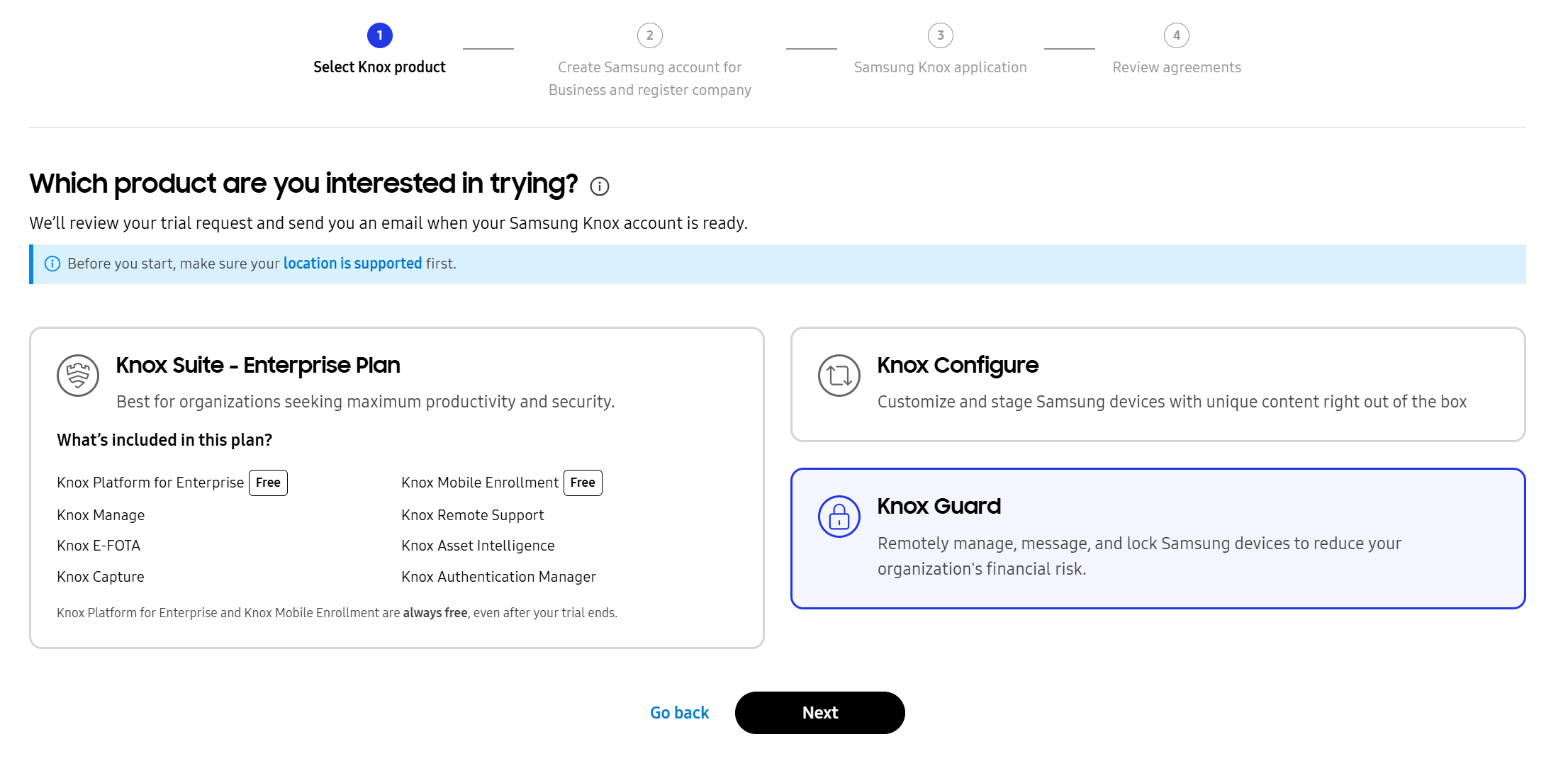 Select Knox Guard as the service you want to try.