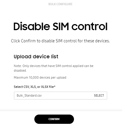 Disable SIM control screen showing option to upload a CSV, XLS, or XLSX file