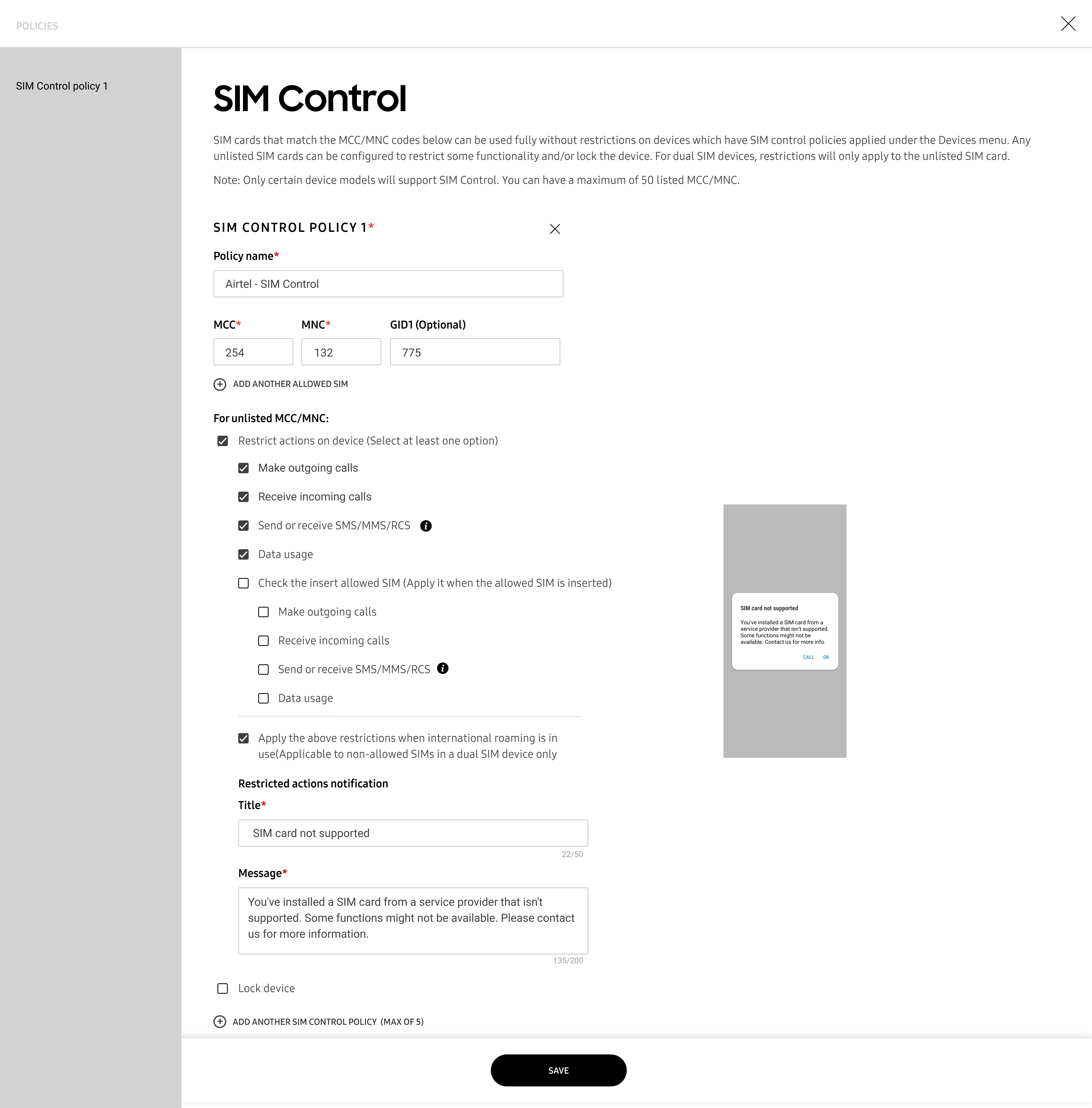 SIM control screen showing policy options