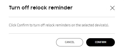 Turn off relock reminder pop-up showing the cancel and confirm options.