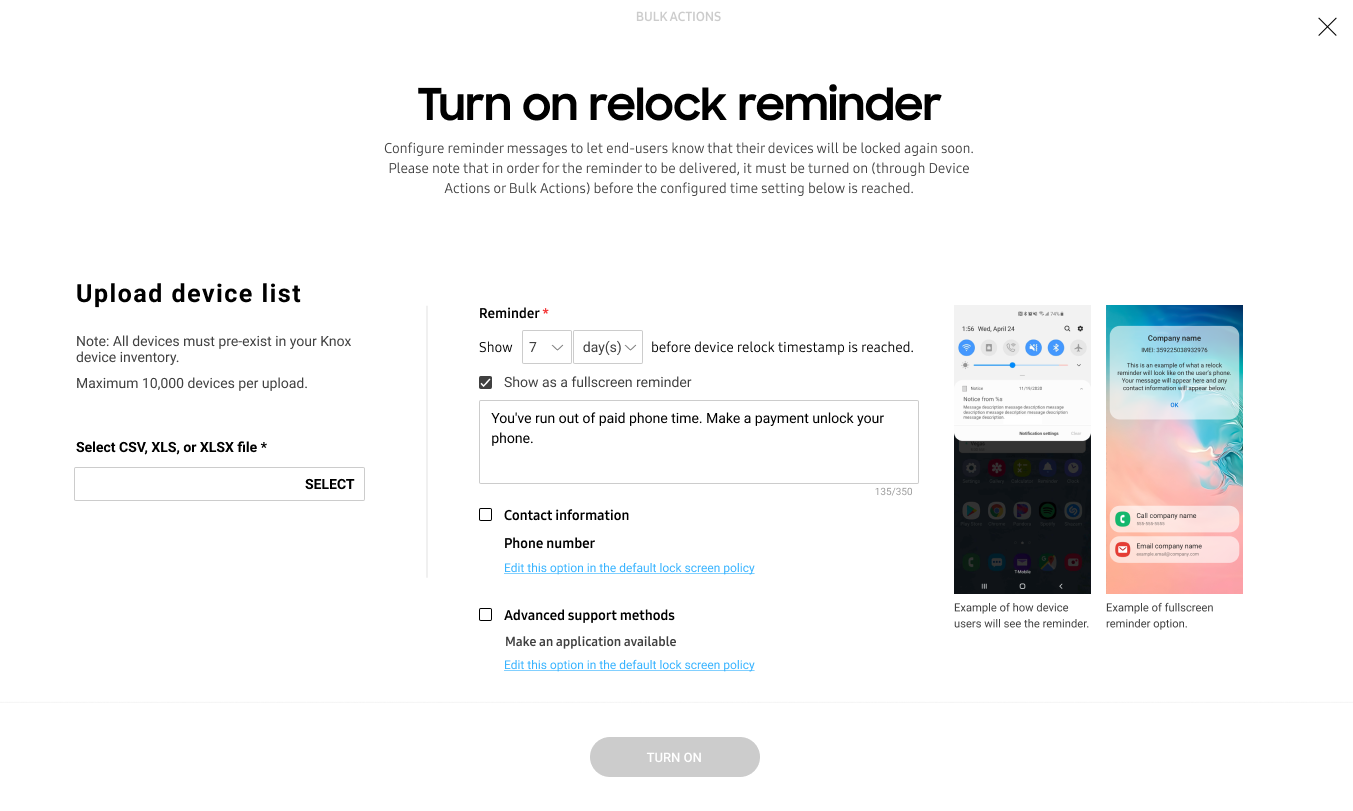 Turn on relock reminder page showing option to upload a CSV, XLS or XLSX file