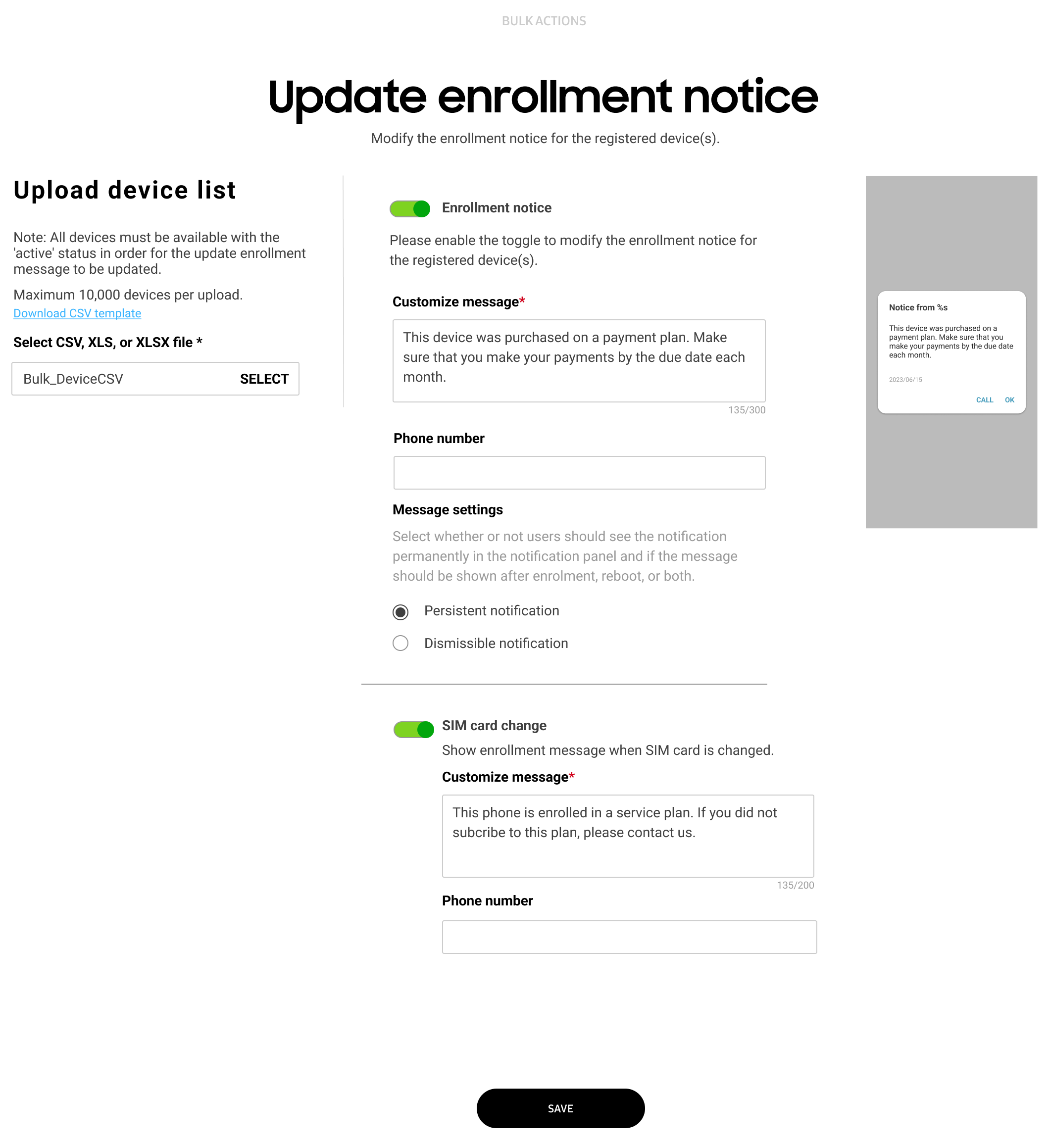 Update enrollment notice bulk actions screen