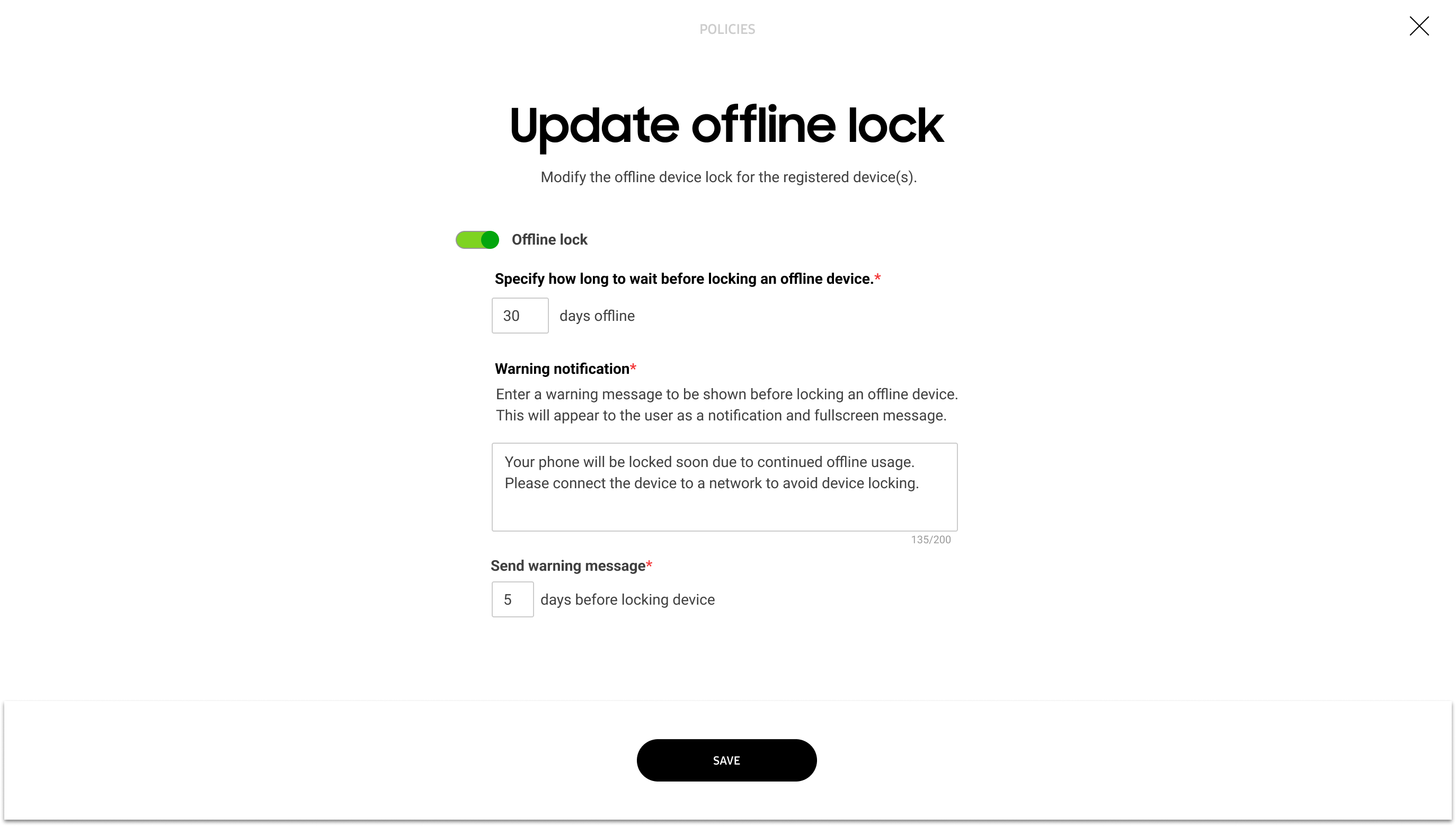 Update offline lock page showing the configuration options