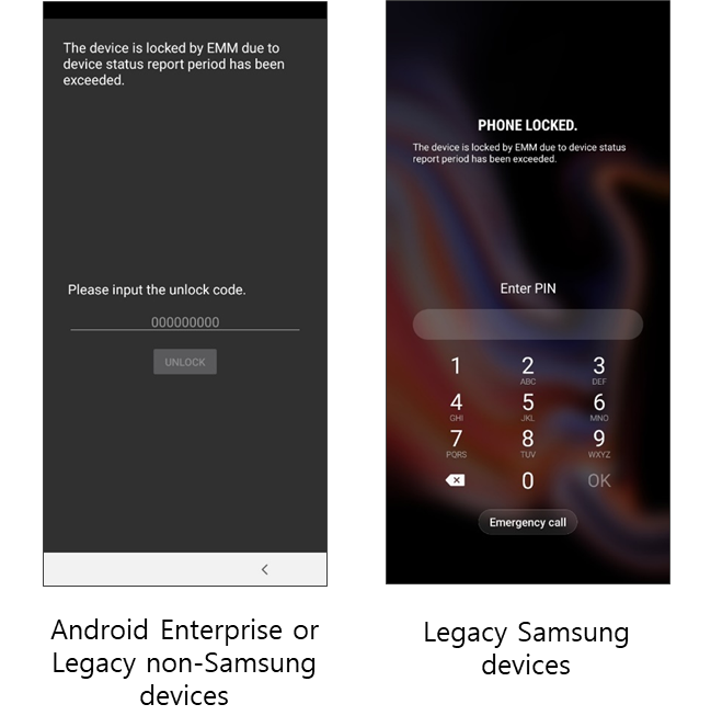 Two different lock screens, side by side. The screen on the left appears on Android Enterprise and non-Samsung devices on the Android Legacy platform, and the screen belongs to the Knox Manage agent. The screen on the left appears on Samsung devices on the Android Legacy platform, and the screen is the native lock screen.