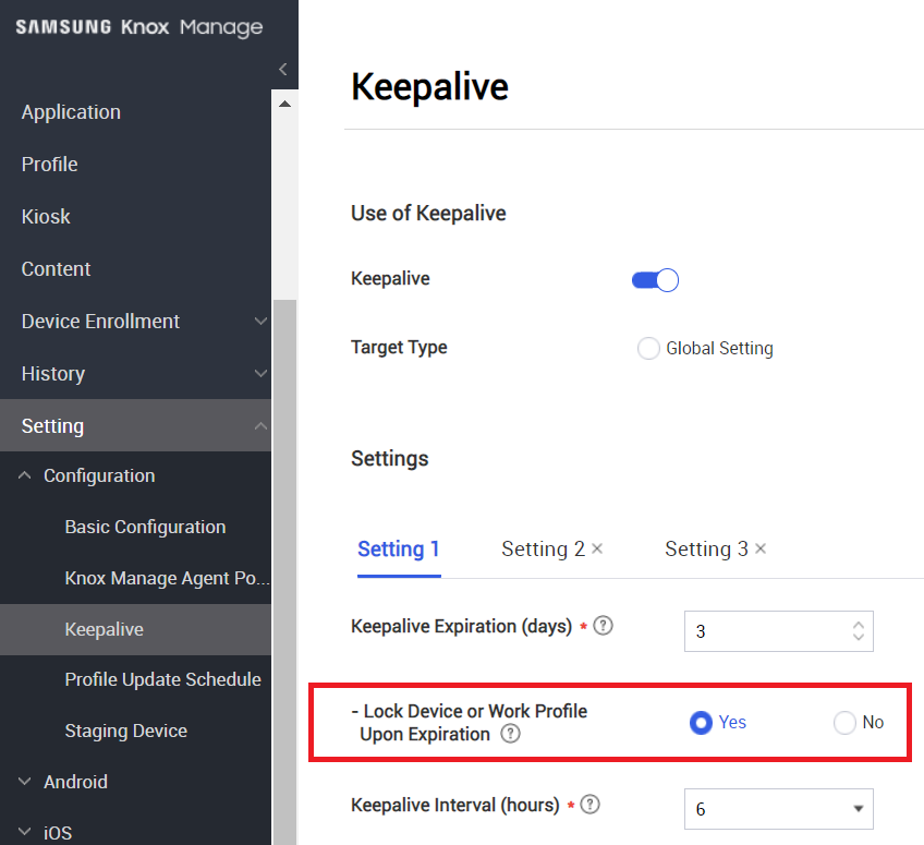 The Keepalive page with the Lock Device Upon Expiration setting turned on.