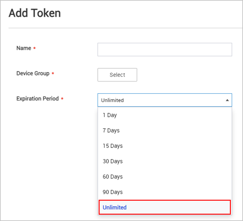 The Add Token dialog, showing Unlimited expiration period.