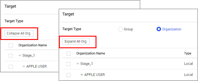 The Expand All Org and Collapse All Org buttons for a list of organizations.