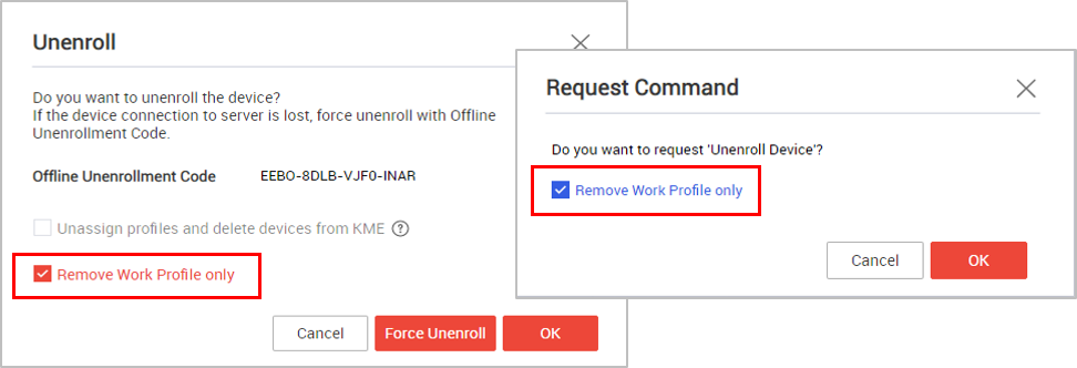 The Remove Work Profile only option on the Unenroll and Request Command dialogs.
