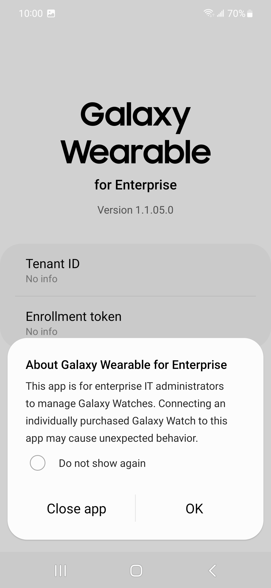 About Galaxy Wearable for Enterprise dialog