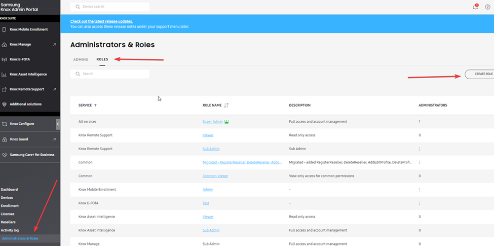 arrows pointing where to click create role on the adminstrators & roles page on Knox Admin Portal